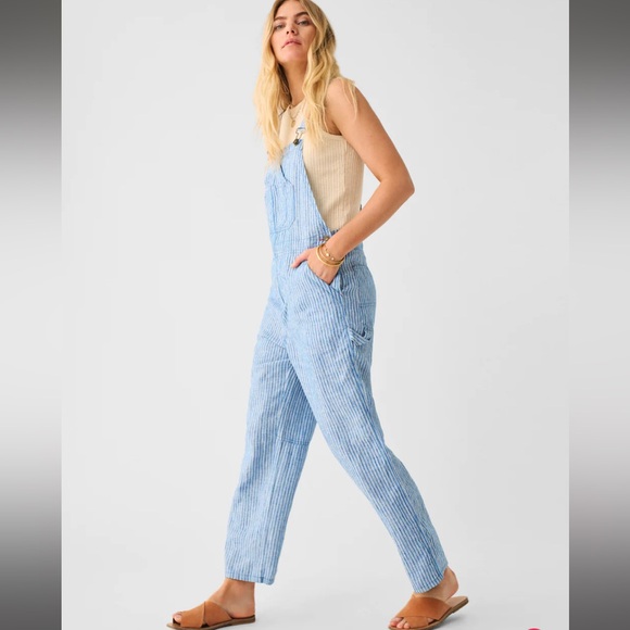 Faherty Linen Blue & White Railroad Stripe Overalls Sz Medium - Picture 5 of 5
